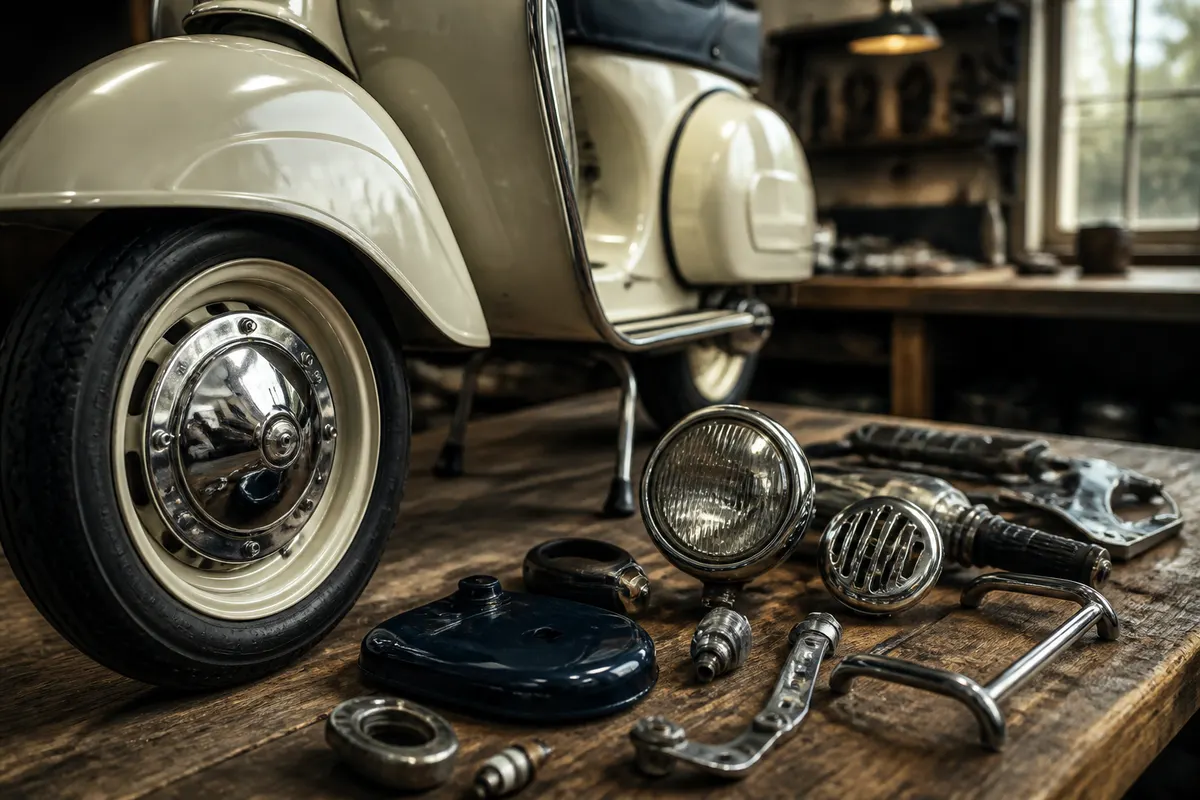 Vespa restoration parts buying checklist Classic Vespa scooter and restoration components in a workshop